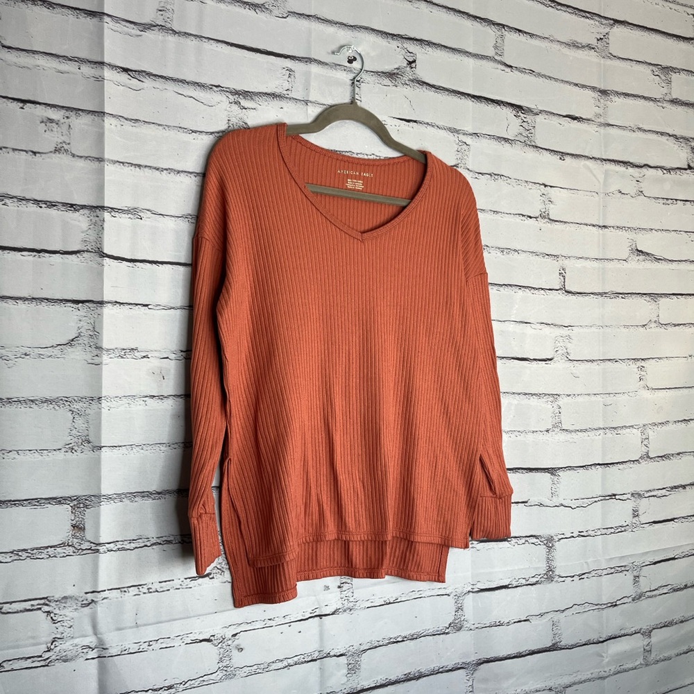 American Eagle Maroon Ribbed V‑Neck Sweater XXS Women’s Cozy Soft Fall Staple - Picture 2 of 14